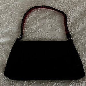 New Victoria’s Secret Handbag Black Suede‎ Leather w/Pink/Black Strap 7 x 13